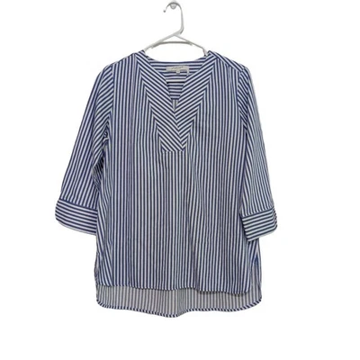 Top Foxcroft NYC para mujer 12P azul blanco a rayas manga 3/4 clásico marinero chic Foto 1 de 4