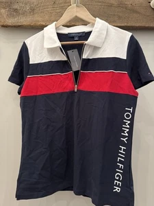 NWT Tommy Hilfiger Womens M Blue Half-Zip Collared Striped Cotton Blouse Red - Picture 1 of 3
