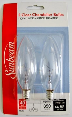 CHANDELIER CLEAR BULBS 2  SUNBEAM 40W CANDELABRA BASE 130V INDOOR/OUTDOOR - Image 1 of 2