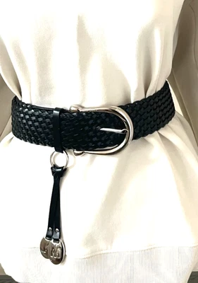 Michael Kors Black Belt 2" Wide Braided Woven Leather MK Charms Size L 46" - Image 1 of 4