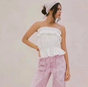 Anthropologie Porridge Strapless Top Small White Eyelet Lace Ruffle NWT - Picture 1 of 12