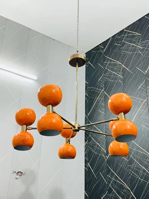 Mid Century Sputnik Chandelier: Brass & Orange Ball Ceiling Light X-mass Gift - Image 1 of 4