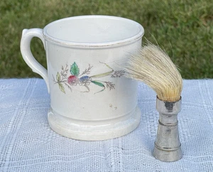 Antique ANCHOR POTTERY ROYAL IRONSTONE Shaving Mug Hand Painted Horsehair Brush - Picture 1 of 16