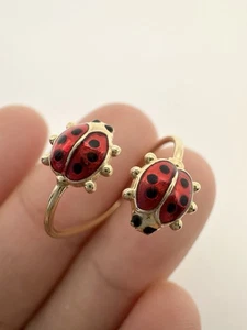 14k Yellow Gold Enamel Lady Bug Ring Size 5 Adjustable - Picture 1 of 5