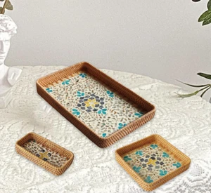 New 3 Pieces Hand Woven Rattan Serving Tray Decorative Storage Tray - Picture 1 of 7