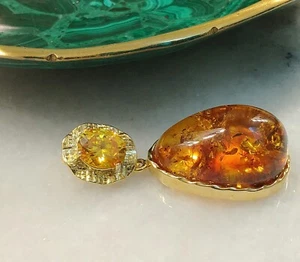 Designer Genuine Gold Over Sterling Silver Citrine Baltic Amber Gemstone Pendant - Picture 1 of 6