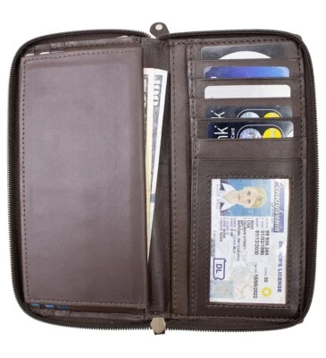 RFID Blocking Genuine Leather Checkbook Organizer 2 Zip Clutch Wallet - Image 1 of 4