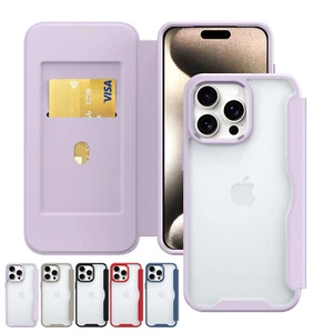 For iPhone 16/15/14/13/12 Pro Max Flip Magnetic Clear Back RFID Card Wallet Case - Picture 1 of 15