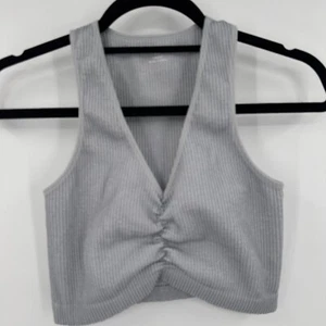 Aerie Cropped Tank Top Womens Medium Light Gray Heather Ribbed V Neck Pullover - Picture 1 of 6