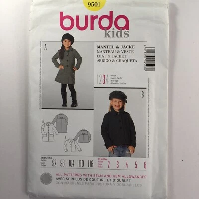 Burda 9501 Girl Child Classic Coat Crop Jacket Buttons Pocket New Uncut Pattern - Image 1 of 4