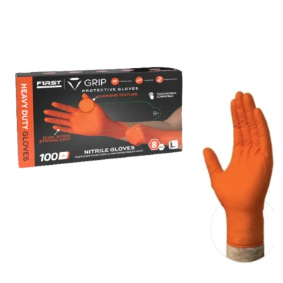 First Glove Grip Orange Nitrile Disposable Gloves 8 Mil Raised Diamond Texture - Image 1 of 4