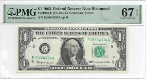 1963 $1 RICHMOND FRN. PMG SUPERB GEM Uncirculated 67 EPQ Banknote. E/A block - Picture 1 of 2