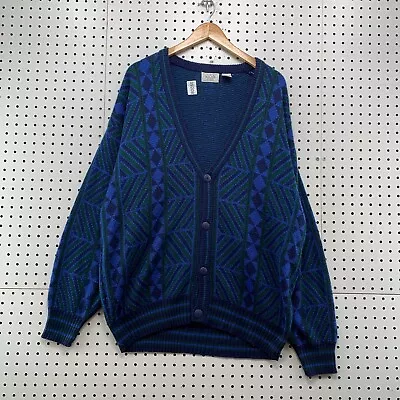 VTG Sears Cardigan Button Sweater Mens XLT Tall Blue Geometric Acrylic 25.5x29.5 - Image 1 of 4