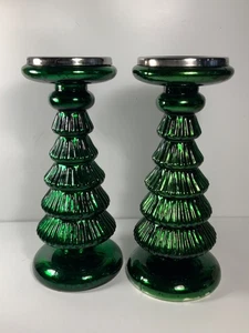 Set of 2 Martha Stewart Green Mercury Glass Tree Pillar Candleholders 10 in. - Picture 1 of 10