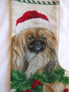 Calza natalizia Needlepoint pechinese Shih Tzu lana vintage - Foto 1 di 7