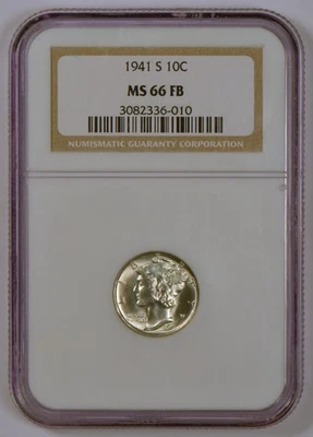 1941-S Mercury Silver Dime from the San Francisco Mint, Graded MS66FB by NGC - Image 1 of 4