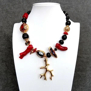 Gargantilla 18" Negro Biwa Perla Rojo Coral Ónix Collar Moda Mujeres Collar Regalos - Imagen 1 de 6
