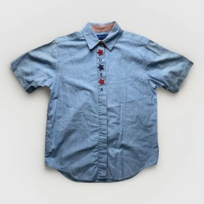 Vintage 90s Karen Scott USA Denim Button Down Shirt Womens Small Patriotic Stars - Image 1 of 4