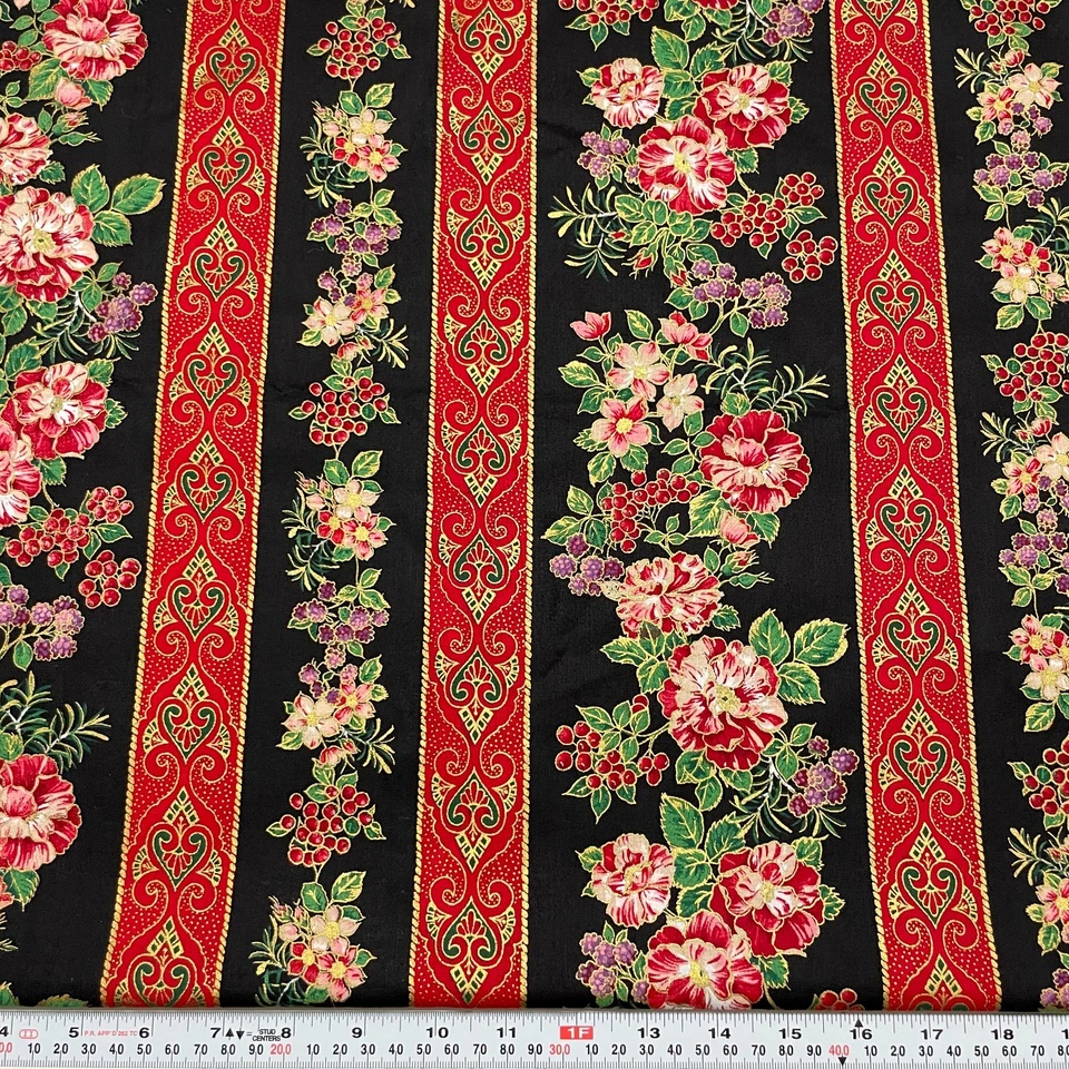 Vintage Sharon Kessler Concord Metallic Striped Florals Cotton by the HALF YARD - Image 1 of 2