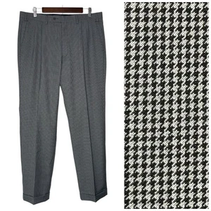 LRL Ralph Lauren Pants Mens 36x32 Black Houndstooth Wool Pleated Cuffs - Picture 1 of 9