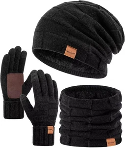 3-teiliges Winterset – Mütze, Schal & Handschuhe Slouchy Beanie Damen o. Herren - Bild 1 von 6