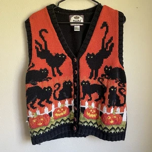 Vintage Diadem Weste Gr. L Halloween Kürbis schwarz Katzen vorne Knopf Pullover selten - Bild 1 von 8