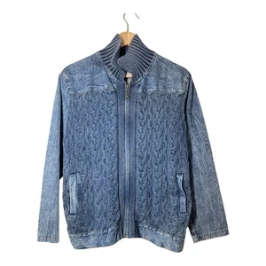 PBJ Blues Mixed Media Zopfmuster Pullover Jeansjacke Größe Large Vintage Acid Wash - Bild 1 von 4