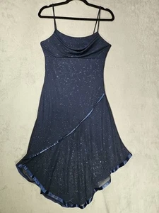 Taboo Dress Midnight Blue Glitter Sheer Overlay Fairy Scoop Hem Satin Trim Sz M - Picture 1 of 9