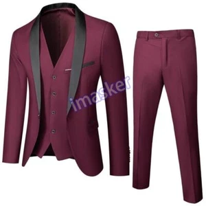 Vestido de Noche de Boda 3 Piezas Chaqueta+Pantalones+Chaleco Hombres Traje Conjunto Calce Ajustado Esmoquin - Imagen 1 de 29