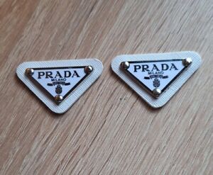 PRADA Logo 2x WHITE+Silver Clothing Badge + 2x REAR TAGS,,shirt,bag,jacket