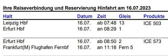 ICE Fahrkarte von Leipzig Hbf nach Frankfurt Hbf mit Sitzplatz am 16. Juli - Bild 1 von 1