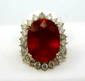 Natural Oval Red Ruby & Diamond Halo Solitaire Ring 14k Yellow Gold 16.91Ct - Picture 1 of 7