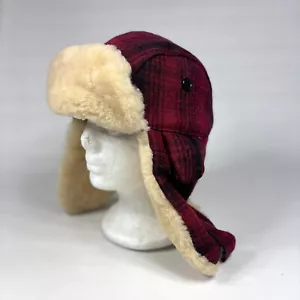 VTG Woolrich Red Plaid Wool Shearling Lined Winter Hunter Trapper Hat Adult Med - Picture 1 of 9