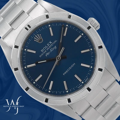Rolex Air-King 14010M para hombre 34 mm esfera azul índice bisel torneado por motor banda Oyster Foto 1 de 4
