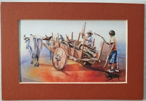 Water Color Painting Mule and Cart Original Matted 2006 Lopez Baylon Signed - Picture 1 of 7