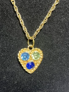 Vintage Heart Necklace Gold Tone With Large Blue & Green Rhinestones Sekine 23” - Picture 1 of 6