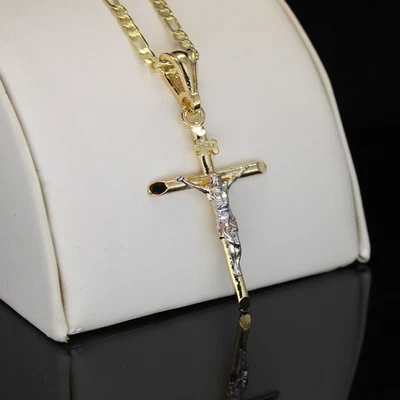 Collar Colgante Crucifijo 20" Cadena Figaro 14k Dos Tonos Chapado en Oro Hombres Mujeres Foto 1 de 4