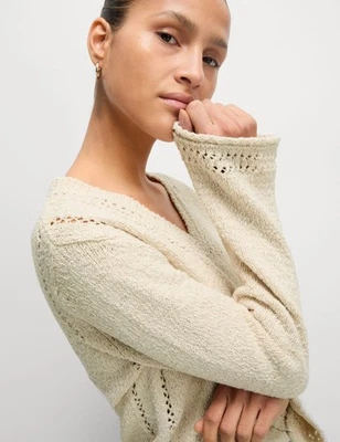 Marks & Spencer Womens Beige Cotton V-Neck Long sleeved Women Jumper - M&S - Image 1 of 4