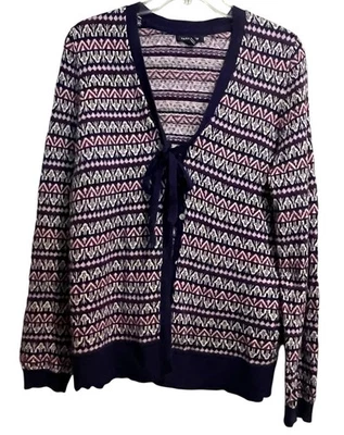 Lands' End Women's Fair Isle Nordic Tie Front Cardigan Sweater Purple M 10-12 - Image 1 of 4