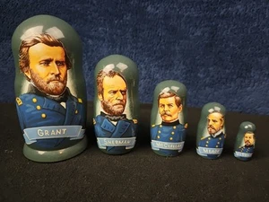 Handmade Union North Civil War GRANT SHERMAN Nesting Doll 5 WOOD GOLDEN COCKEREL - Picture 1 of 7