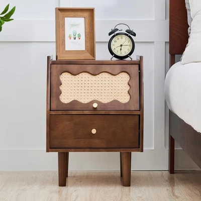 Rattan Nightstand with Drawer, Solid Wood Farmhouse Nightstand, 21" Bedside T... - Image 1 of 4