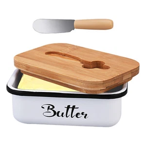 Butter Slicer Cutter Cheese Keeper Slices Dish Container W/ Cutter & Wooden Lid - Picture 1 of 5