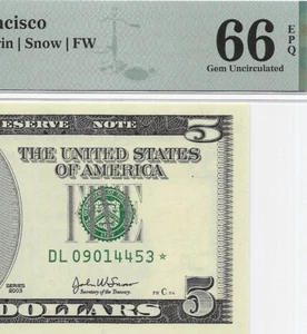 2003 $5 SAN FRANCISCO *STAR* ⭐️ FRN. PMG GEM Uncirculated 66 EPQ Banknote - Picture 1 of 3