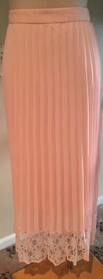 N Y COLLECTION  Long Maxi Peach Chiffon Pleated Lined Lace Hem Skirt XL New - Image 1 of 4