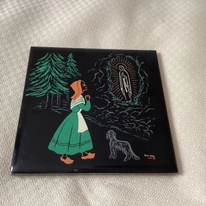 Fernand Mery Limoges Black Tiles Virgin Mary Girl Praying Hand Painted France - Picture 1 of 10