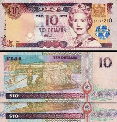Fiji 10 Dollars 2002, UNC, 2 Pcs PAIR, Consecutive, P-106a, Queen Elizabeth II - Image 1 of 4