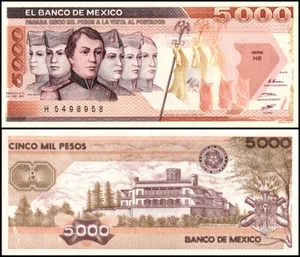 Mexico 5000 Pesos, 1987, P-88b, UNC, Series and Signature Varies - Picture 1 of 1