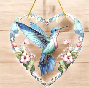 Blue Hummingbird Heart Acrylic Suncatcher – 2D Faux Stained Glass Acrylic Art - Picture 1 of 4