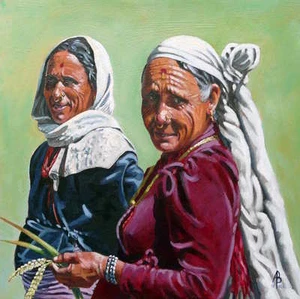 SUPERB ALIX BAKER PCAFAS ORIGINAL "Rice farmers, Nepal" Portrait PAINTING - Picture 1 of 1