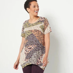LOGO by Lori Goldstein Sz XXS Printed Cotton Modal S/S Top FOSSIL TAN A499599 - Picture 1 of 2